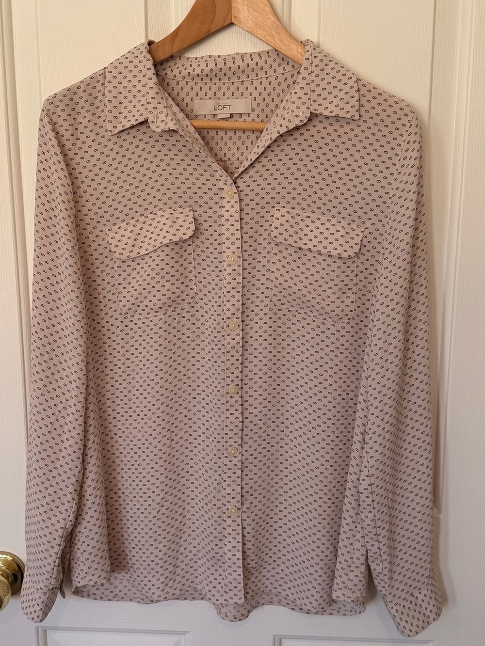 LOFT Beige Button-Down Shirt with Small Navy Print